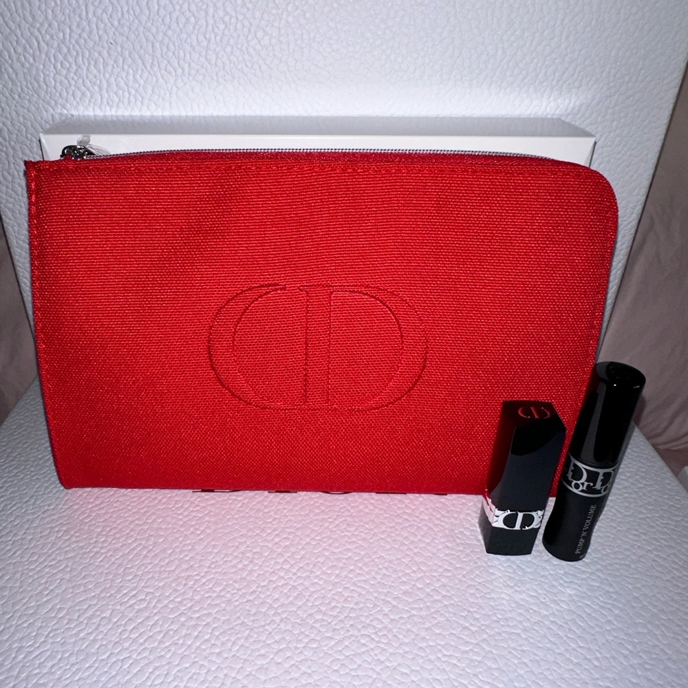 NIB Dior Red Clutch Pouch with Deluxe Rouge Dior and Mascara